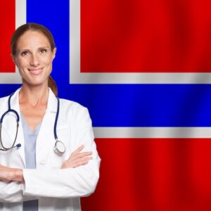 Läkare med norska flaggan i bakgrunden